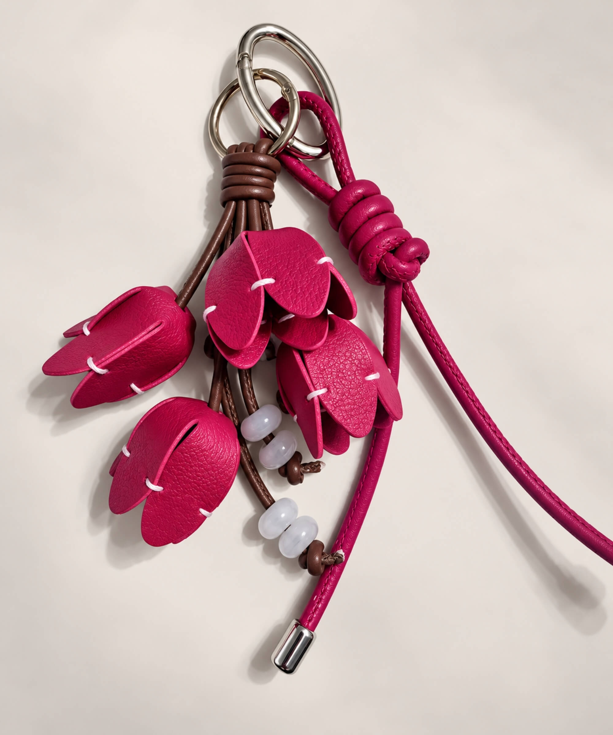Red tulip PU leather bag charm keychain with hanging floral details